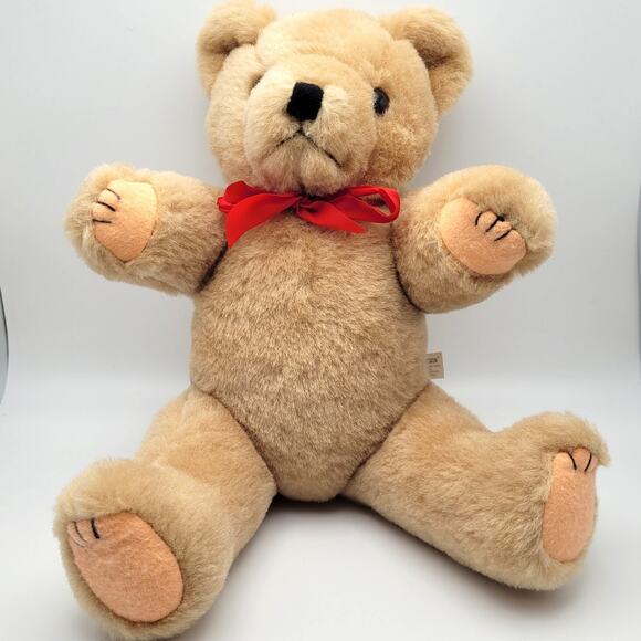 Lillian Vernon Wool Teddy Bear 12" Posable Plush Red Bow Valentine’s Gift Cute - Picture 1 of 11